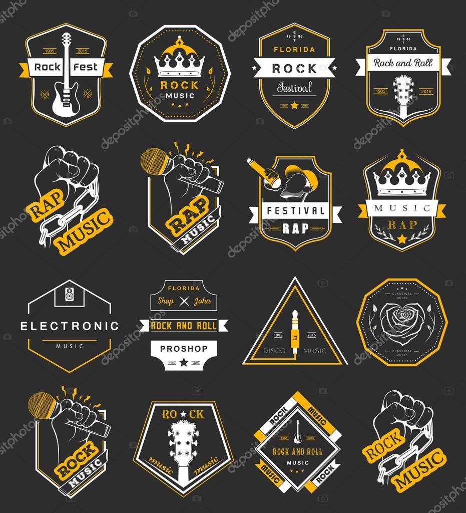 Set of vector badges and logos of rock music and rap classical music, electronic music and disco. The collection of symbols and emblems for printing T-shirts, festivals and parties.