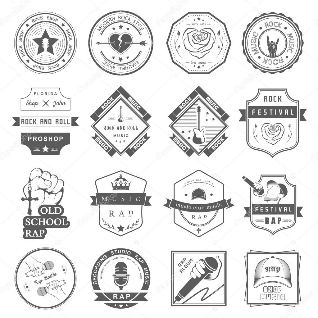 Set of vector badges and logos of rock music and rap classical music, electronic music and disco. The collection of symbols and emblems for printing T-shirts, festivals and parties.