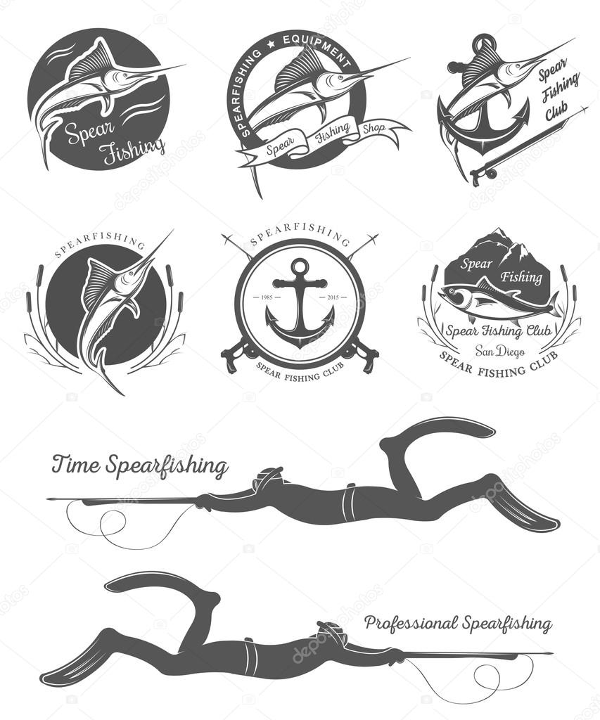 Big set of logos, badges, stickers and prints spearfishing isolated on white background. Premium vector label for spearfishing and underwater swimming - Stock Vector