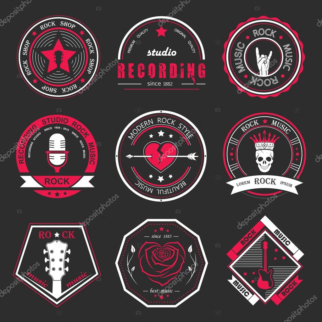 Set of logos rock music and recording studios. Music design elements with font type and illustration vector. Vintage label Rock Beast ( T-Shirt Print ).