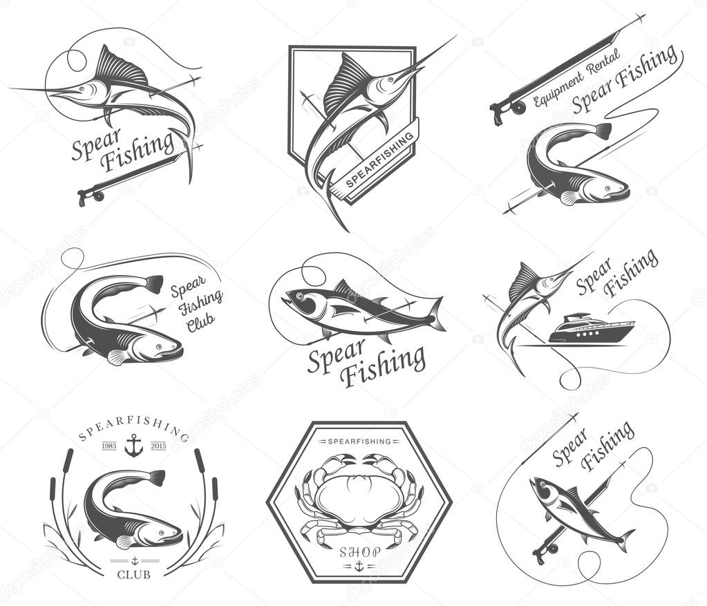 Big set of logos, badges, stickers and prints spearfishing isolated on white background. Premium vector label for spearfishing and underwater swimming - Stock Vector