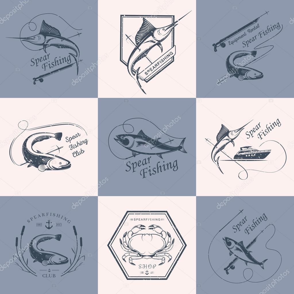 Big set of logos, badges, stickers and prints spearfishing isolated on a color background. Premium vector label for spearfishing and underwater swimming - Stock Vector