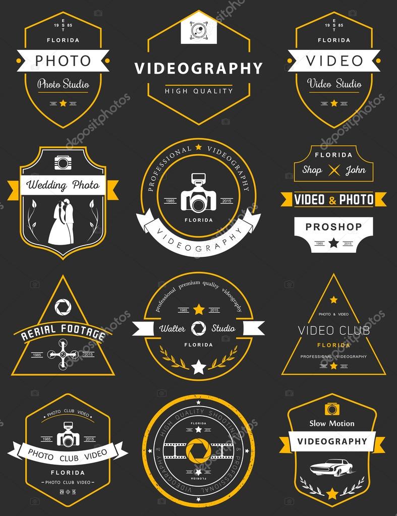 Vector collection of photography and videography logo templates. Photocam, wedding and aerial footage logotypes. Photography vintage badges and icons. Modern mass media icons. Photo labels.