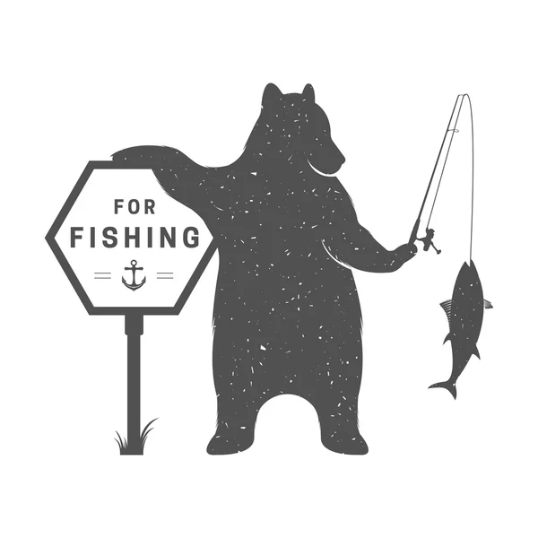 Ilustração vintage de urso engraçado com pesca de sinal — Vetor de Stock