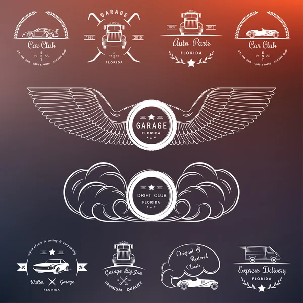 Set de insignias vintage club de coches y garaje — Vector de stock