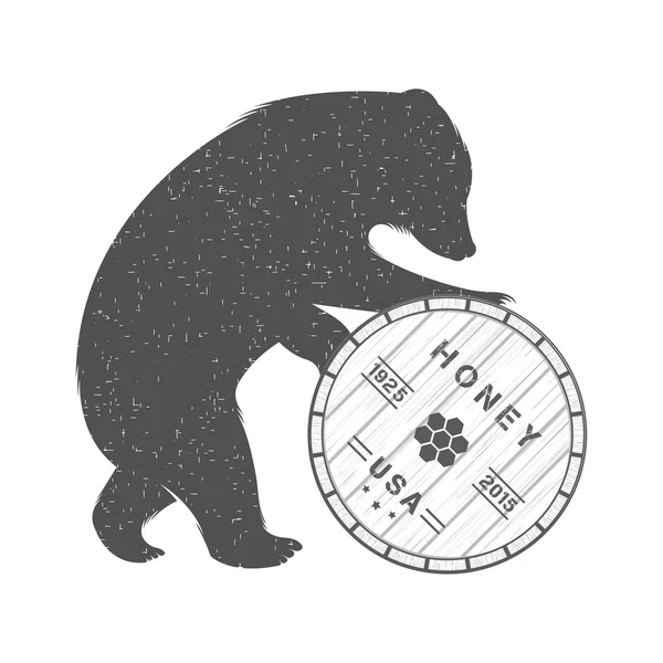 Винтажная иллюстрация медведя с бочкой меда — стоковый вектор