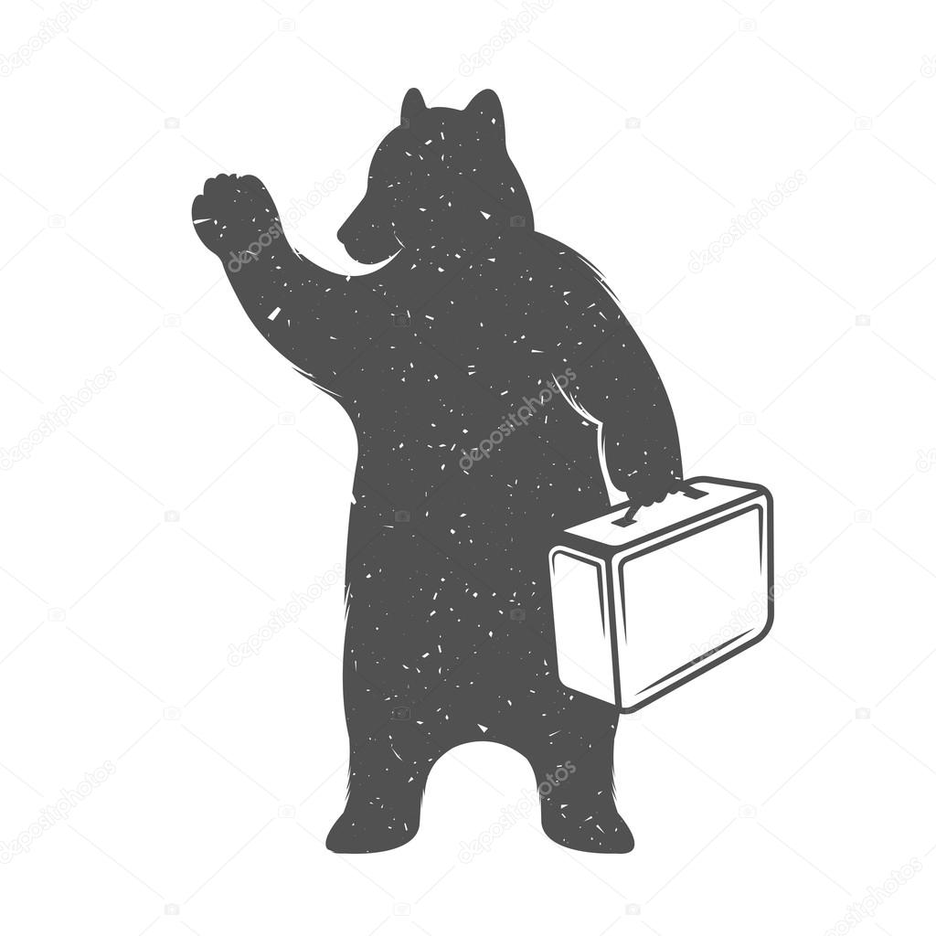 Vintage Illustration of Funny Hitchhiking Bear Traveler