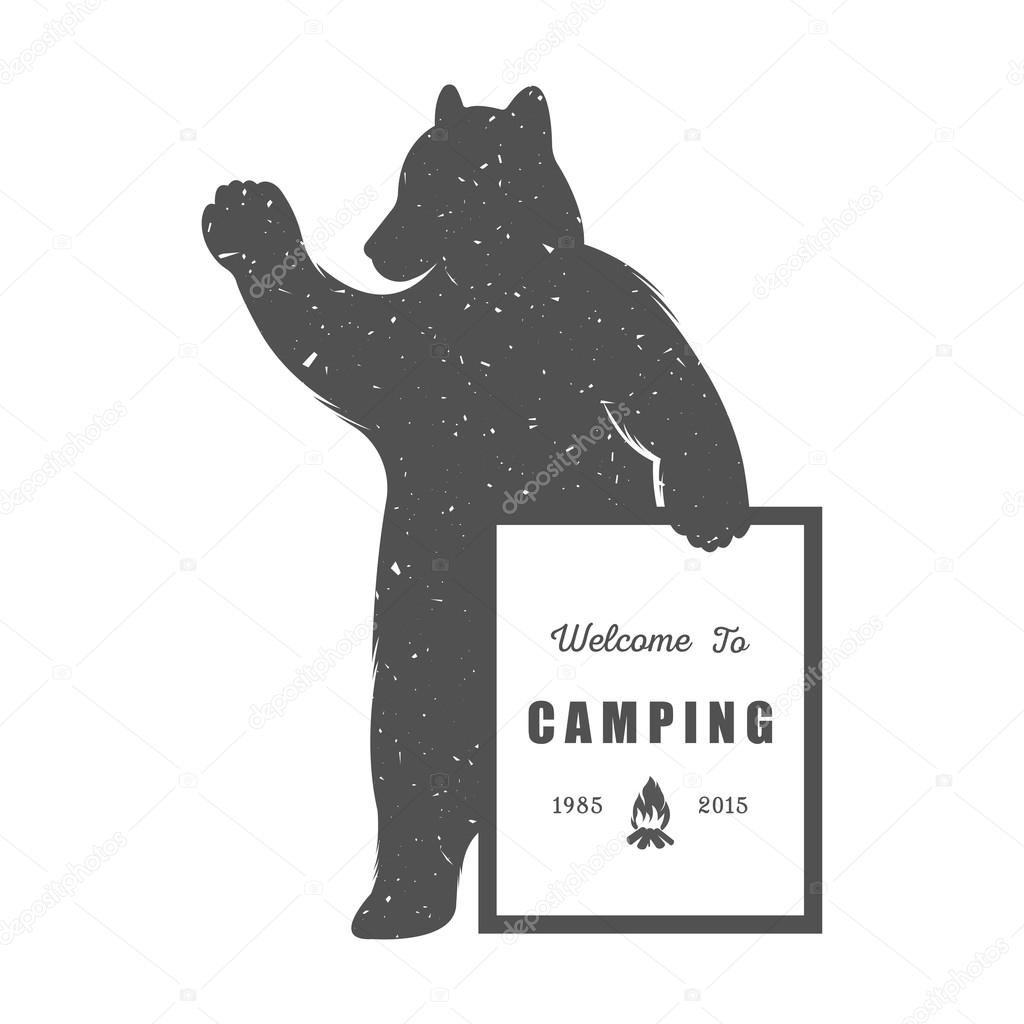 Vintage Illustration bear with sign camping - Grunge effect. Funny Bear with symbol camp and trip isolated on white background for posters, camp clubs and Web emblems