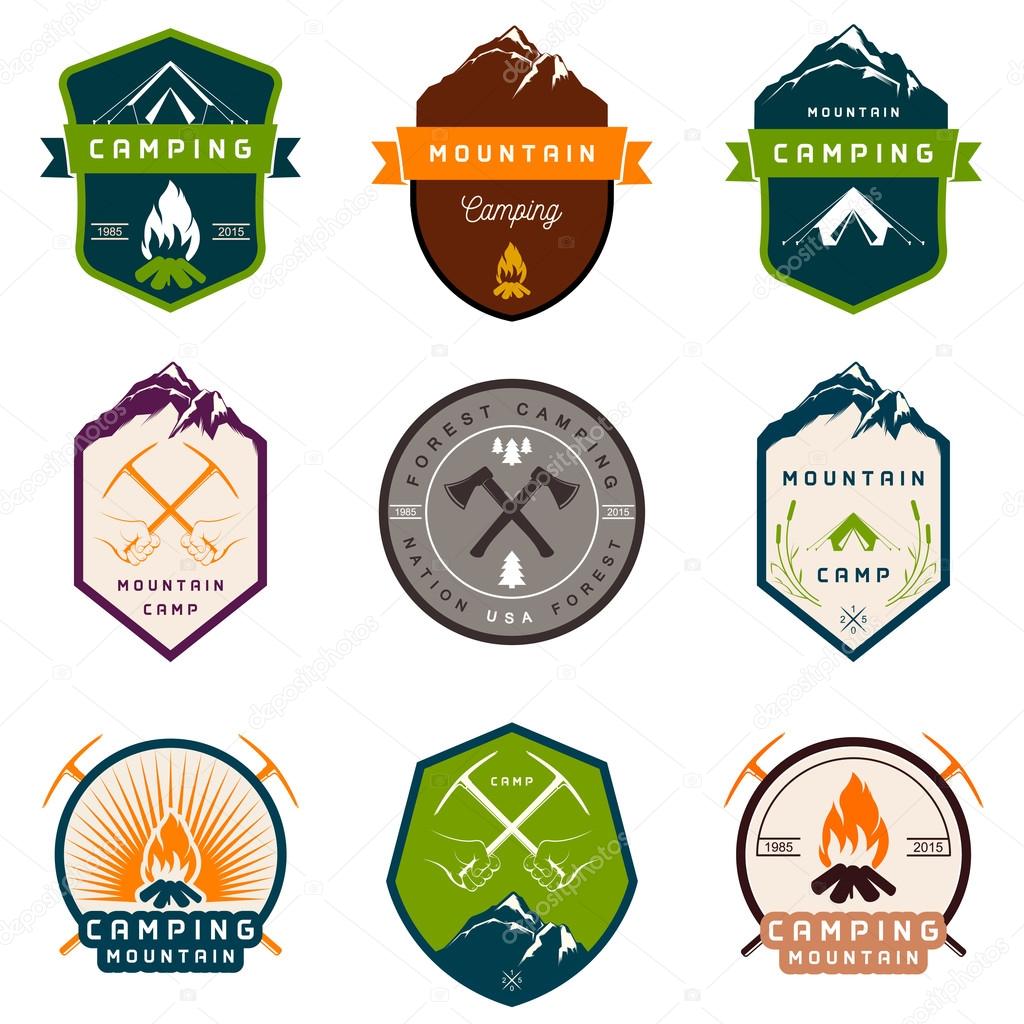 Set of vector logos and badges camping, hiking and outdoor activities. Collection of vintage emblems and symbols of woods camp, travel and mountain camping