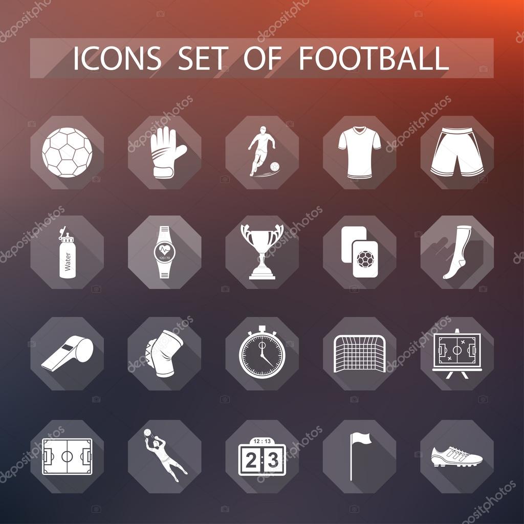 Set of vector icons, logos and symbols of football. Sign of soccer equipment and uniforms of players in flat style - stock vector.
