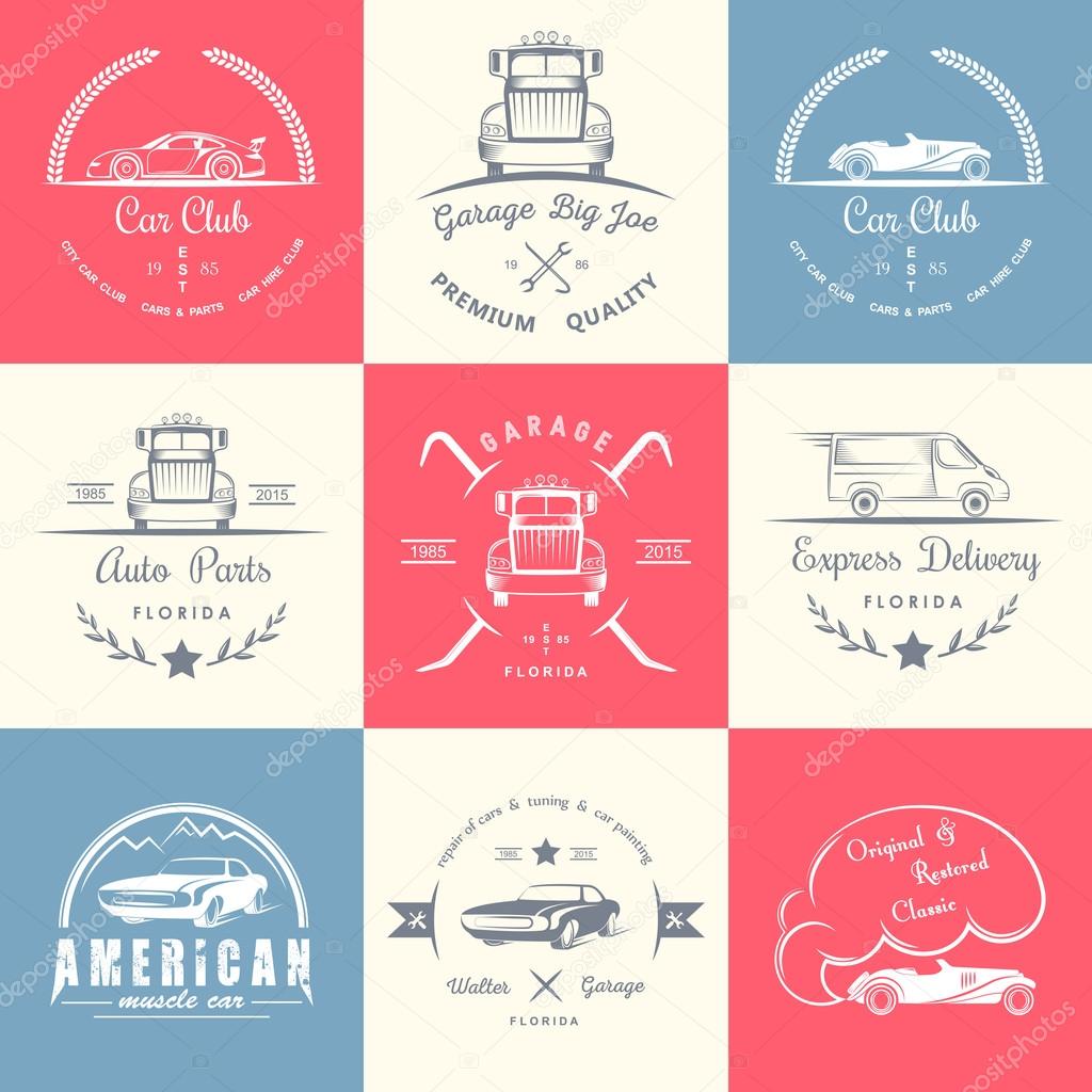 Set of vintage car club, drift club, auto parts and garage labels, badges and design elements. Badges trucks, vintage cars and sports cars.