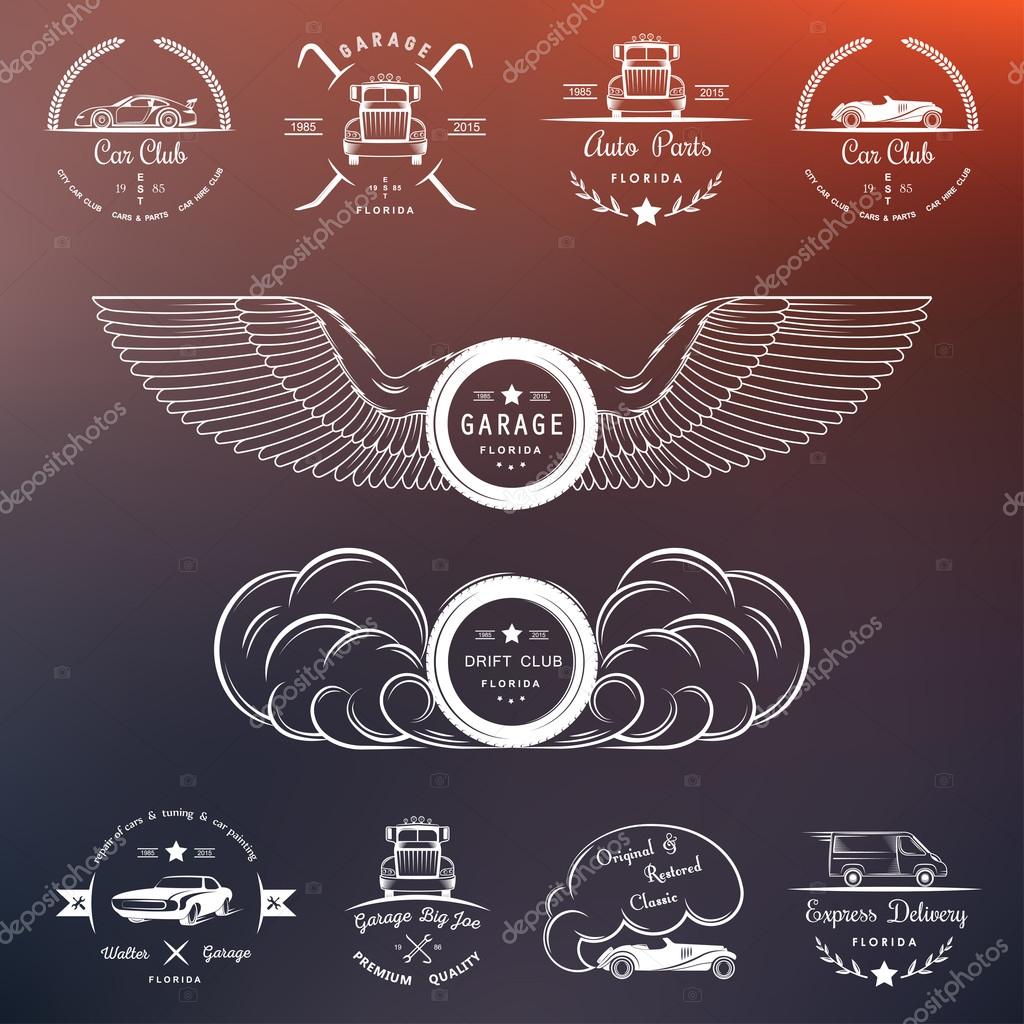 Set of vintage car club, drift club, auto parts and garage labels, badges and design elements. Badges trucks, vintage cars and sports cars.