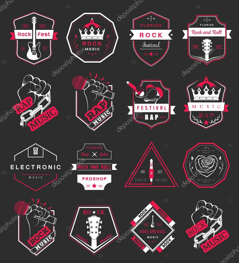 Set of vector badges and logos of rock music and rap classical music, electronic music and disco. The collection of symbols and emblems for printing T-shirts, festivals and parties.