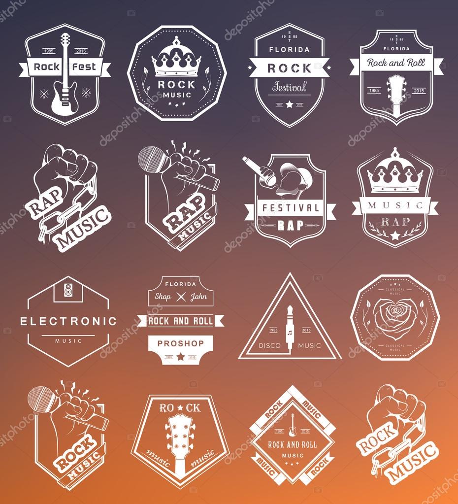 Set of vector badges and logos of rock music and rap classical music, electronic music and disco. The collection of symbols and emblems for printing T-shirts, festivals and parties.