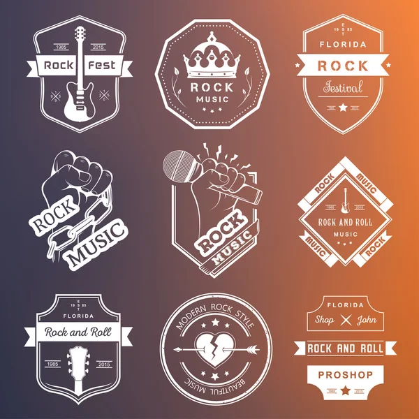 Rock müziği ve rock and roll vintage logoları kümesi