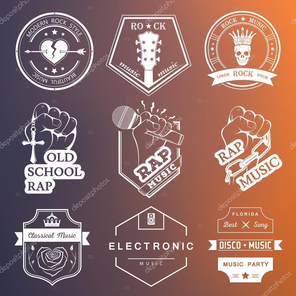 Set of vector badges and logos of rock music and rap classical music, electronic music and disco. The collection of symbols and emblems for printing T-shirts, festivals and parties.