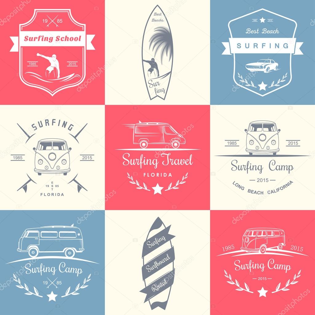 Set of vector logos and badges surfing, camping, hiking and outdoor activities. The collection of symbols and emblems surf clubs, surf schools, rental, camping and beaches