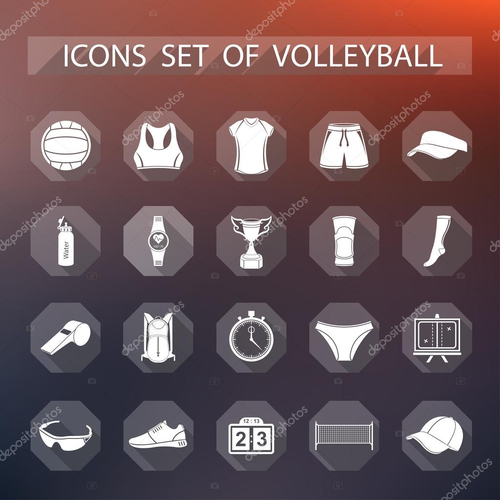 Volleyball icon set - stock vector. Large set of symbols, logos and icons of volleyball. Sports equipment, protection, trackers, silhouettes of players, uniforms, clothing and shoes.