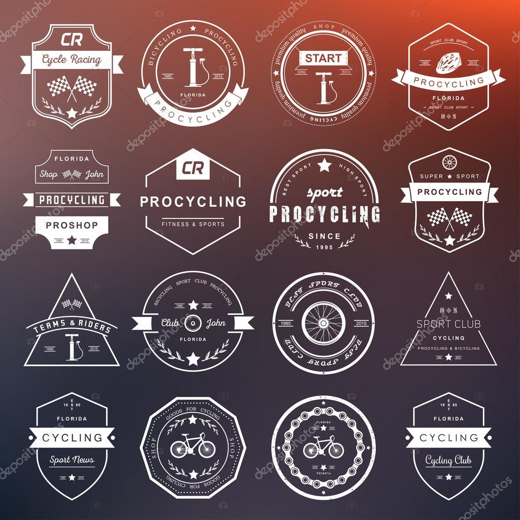 Set of badges and logos cycling. Symbols and emblems pro bike shop and equipment, cycling club and repair shops.