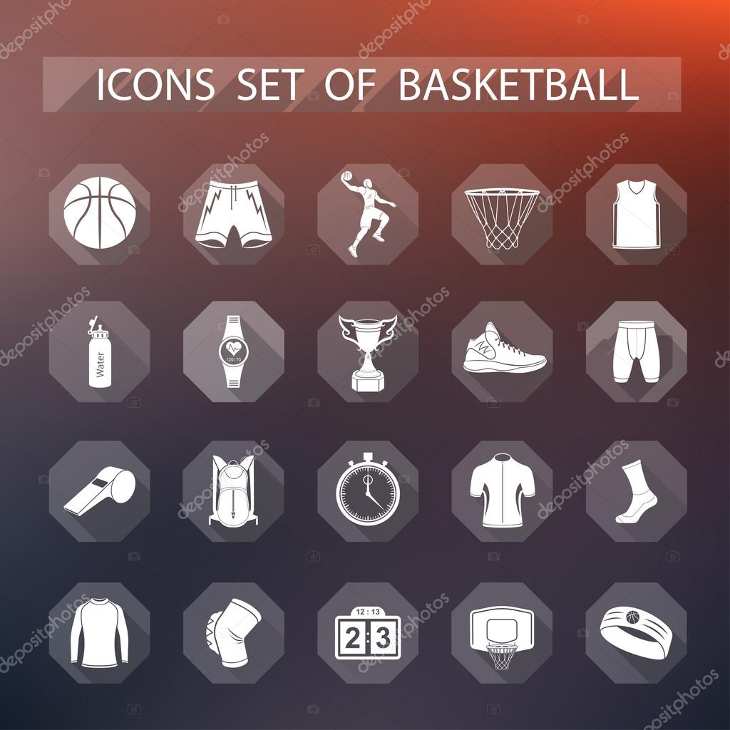 Basketball icon set - stock vector. Large set of symbols, logos and icons of basketball. Sports equipment, protection, trackers, silhouettes of players, uniforms, clothing and shoes.