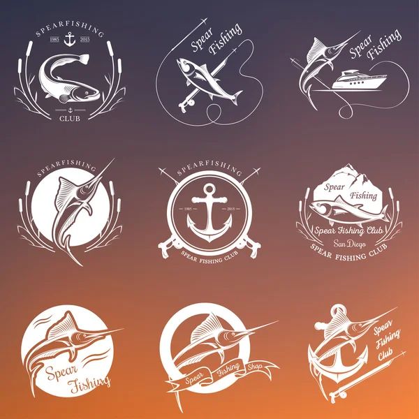 Grande conjunto de logotipos, emblemas e ícones Spearfishing — Vetor de Stock