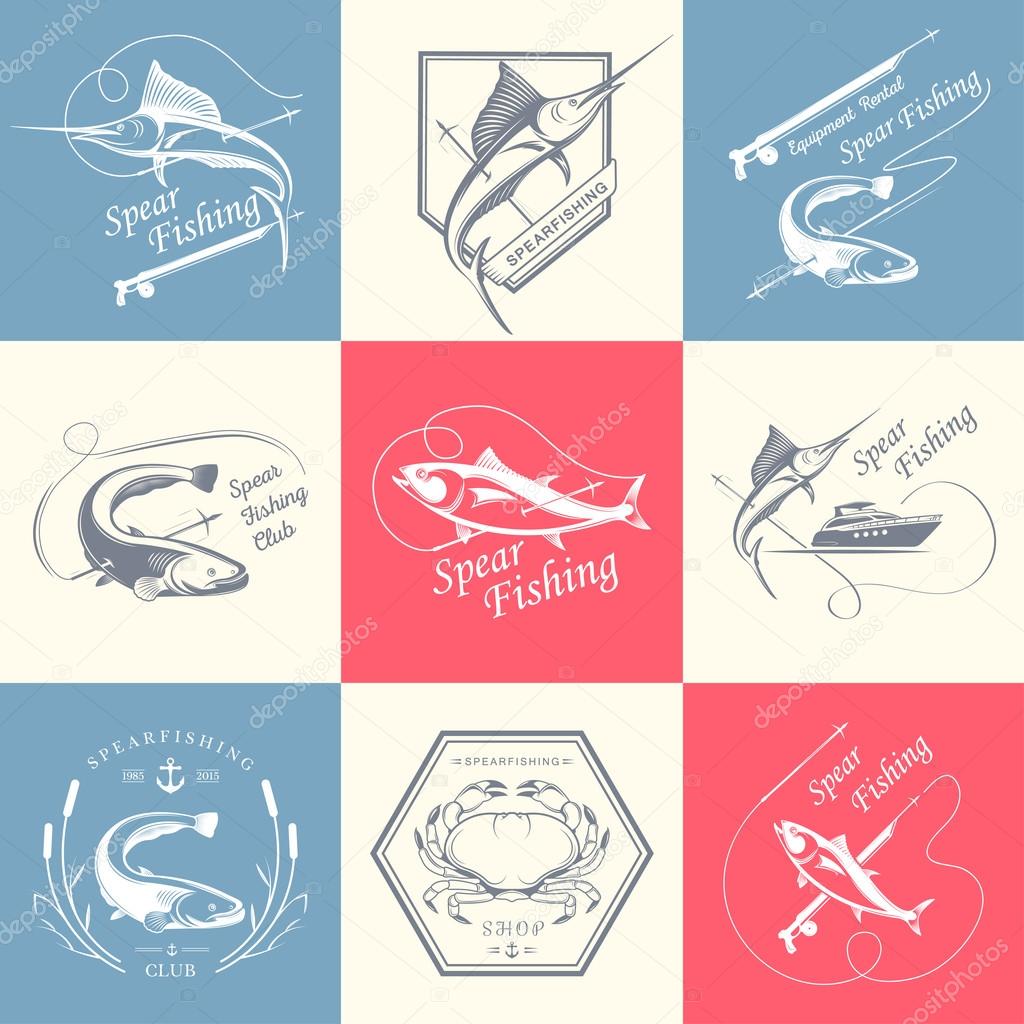 Big set of logos, badges, stickers and prints spearfishing. Premium vector label for spearfishing and underwater swimming - Stock Vector