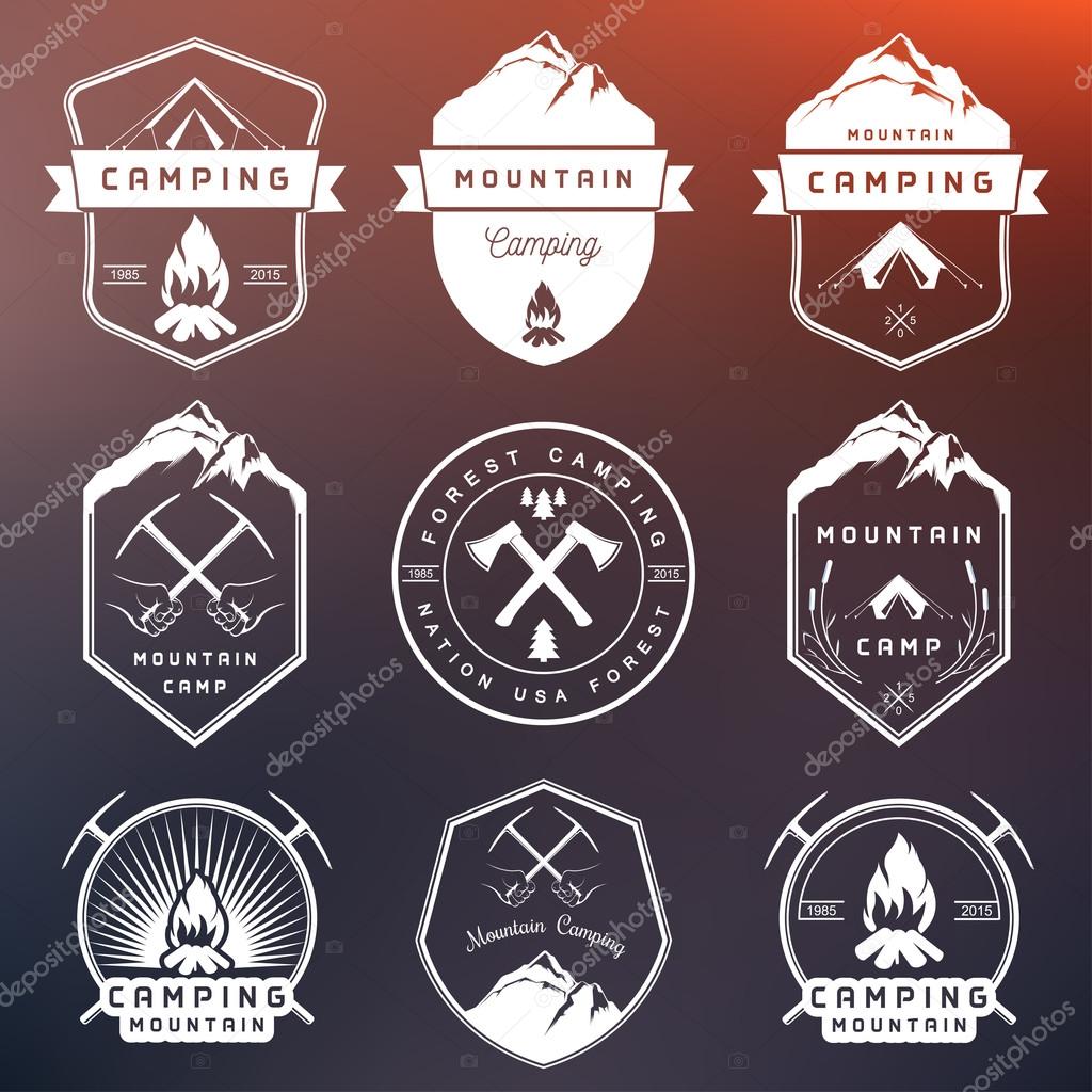 Set of vector logos and badges camping, hiking and outdoor activities. Collection of vintage emblems and symbols of woods camp, travel and mountain camping