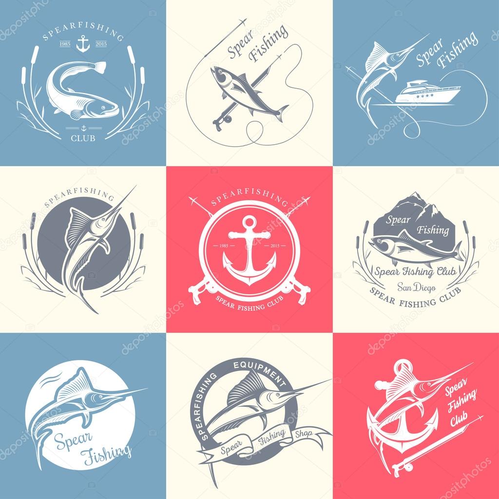 Big set of logos, badges, stickers and prints spearfishing. Premium vector label for spearfishing and underwater swimming - Stock Vector