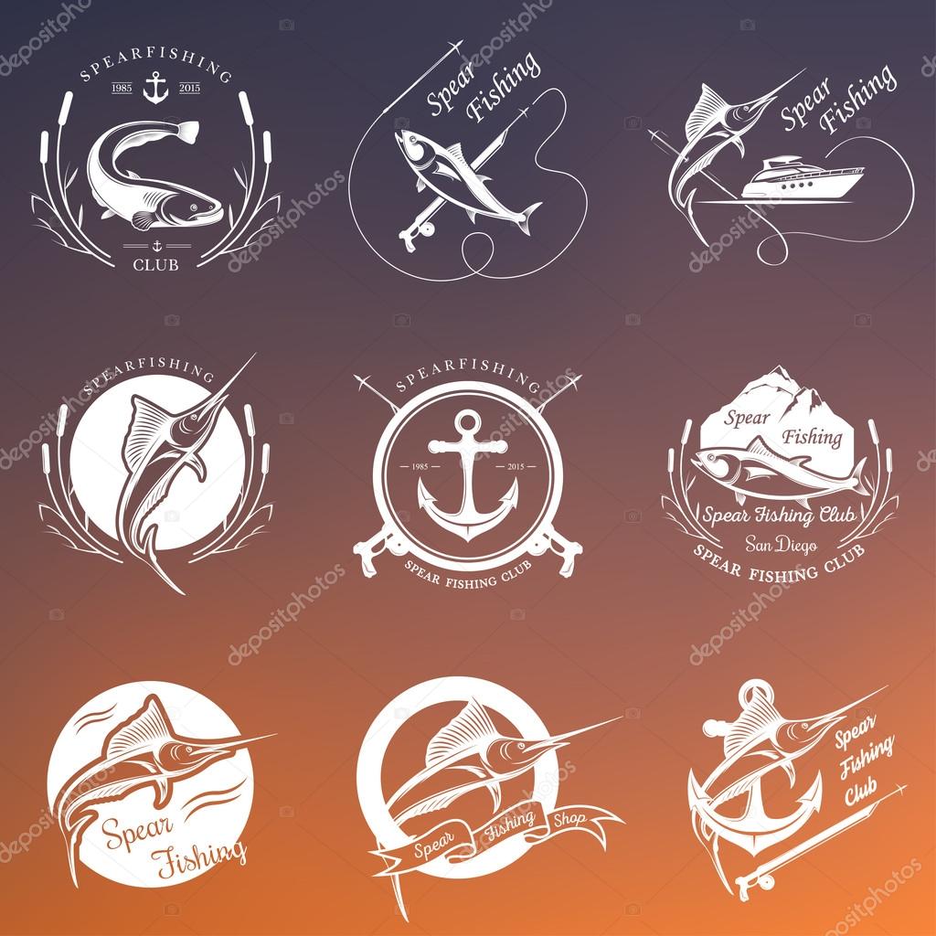 Big set of logos, badges, stickers and prints spearfishing. Premium vector label for spearfishing and underwater swimming - Stock Vector
