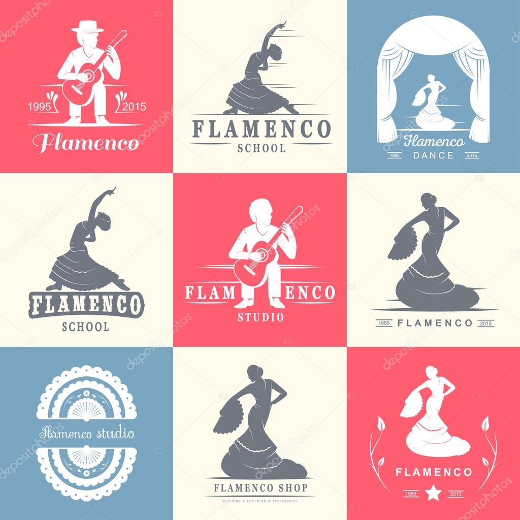 Set of vector logos, badges and silhouettes Flamenco. Collection emblems of traditional Spanish dance, signs school, clubs, shops and studios flamenco isolated on a white background