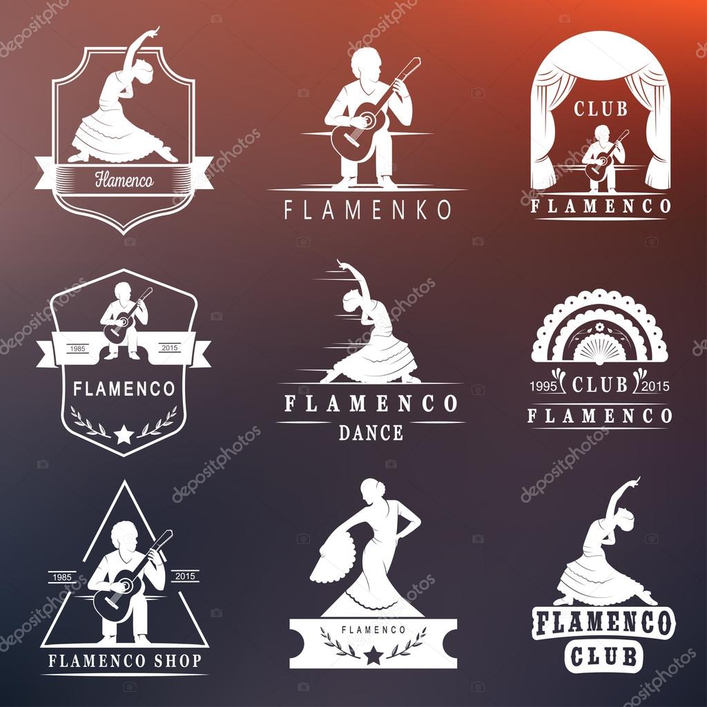 Set of vector logos, badges and silhouettes Flamenco. Collection emblems of traditional Spanish dance, signs school, clubs, shops and studios flamenco isolated on a white background