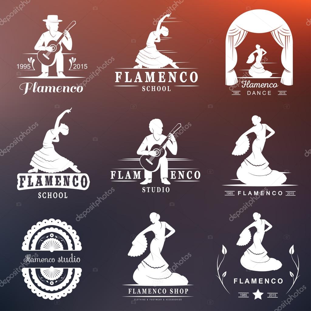 Set of vector logos, badges and silhouettes Flamenco. Collection emblems of traditional Spanish dance, signs school, clubs, shops and studios flamenco isolated on a white background