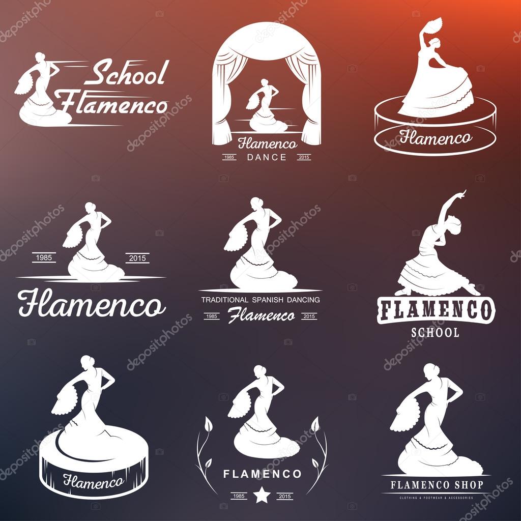 Set of vector logos, badges and silhouettes Flamenco. Collection emblems of traditional Spanish dance, signs school, clubs, shops and studios flamenco isolated on a white background