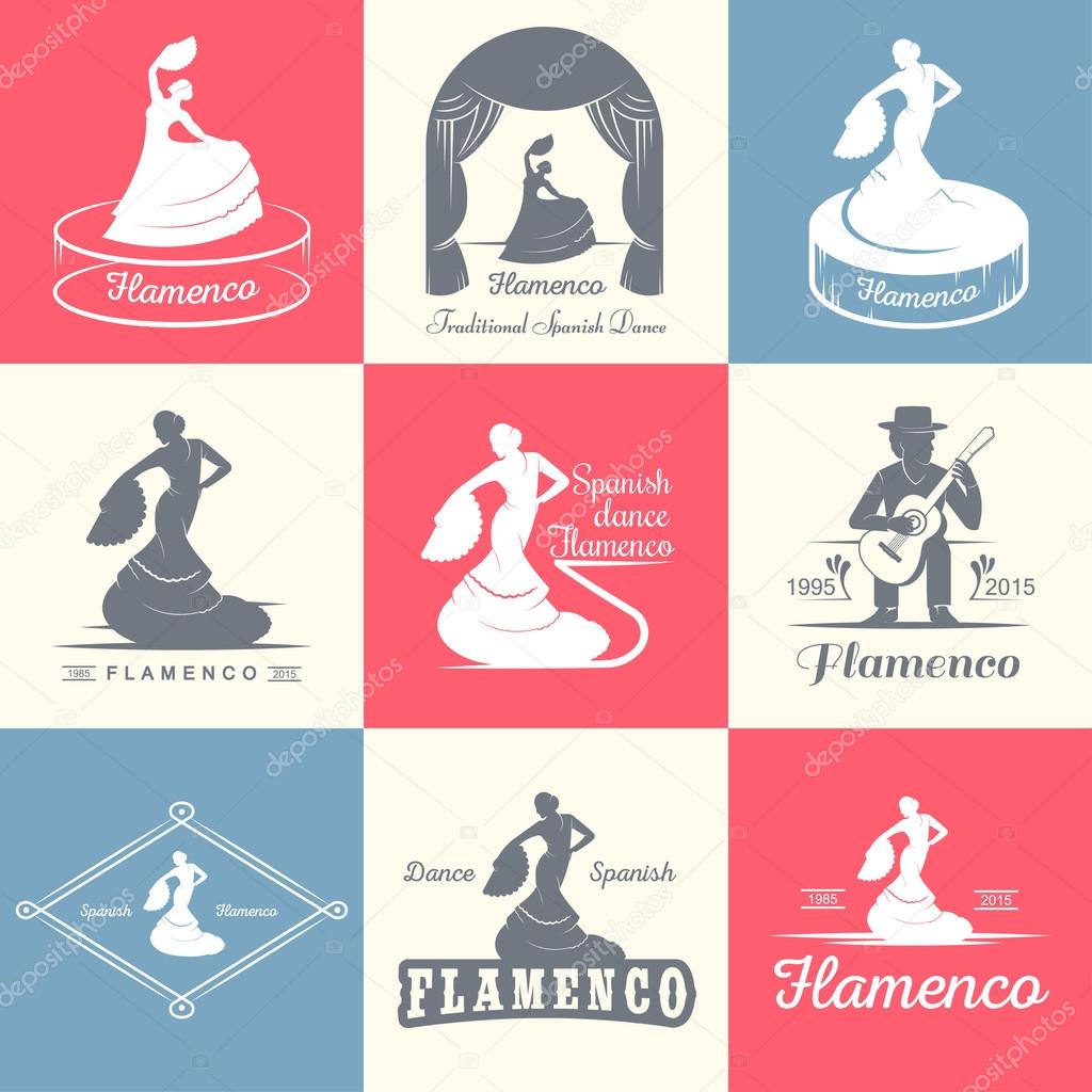 Set of vector logos, badges and silhouettes Flamenco. Collection emblems of traditional Spanish dance, signs school, clubs, shops and studios flamenco isolated on a white background