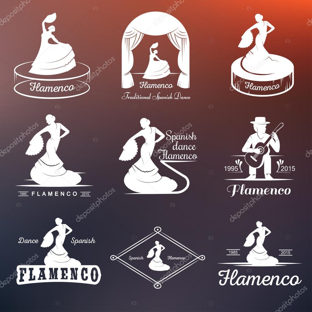 Set of vector logos, badges and silhouettes Flamenco. Collection emblems of traditional Spanish dance, signs school, clubs, shops and studios flamenco isolated on a white background
