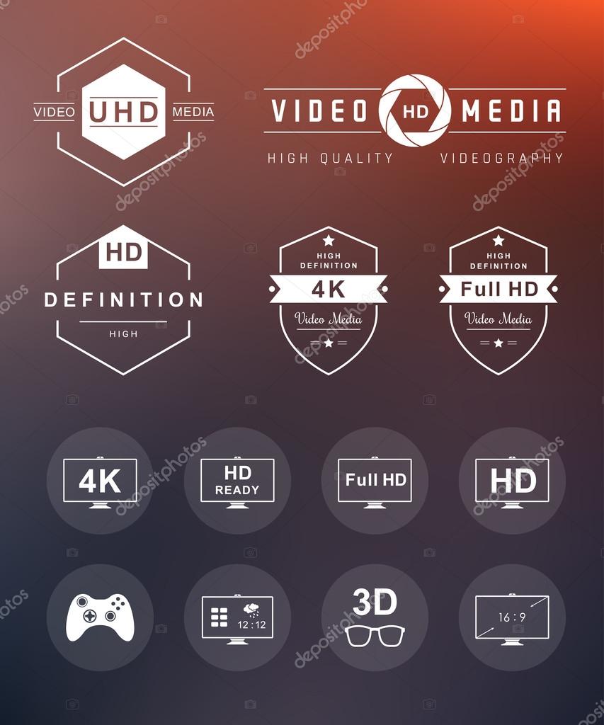 Television set symbols isolated on blur background. Vector collection label, sign, logo and badges tv, smart tv, and others formats tv and definition - Stock Vector.