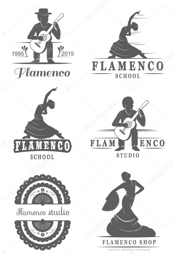 Set of vector logos, badges and silhouettes Flamenco. Collection emblems of traditional Spanish dance, signs school, clubs, shops and studios flamenco isolated on a white background