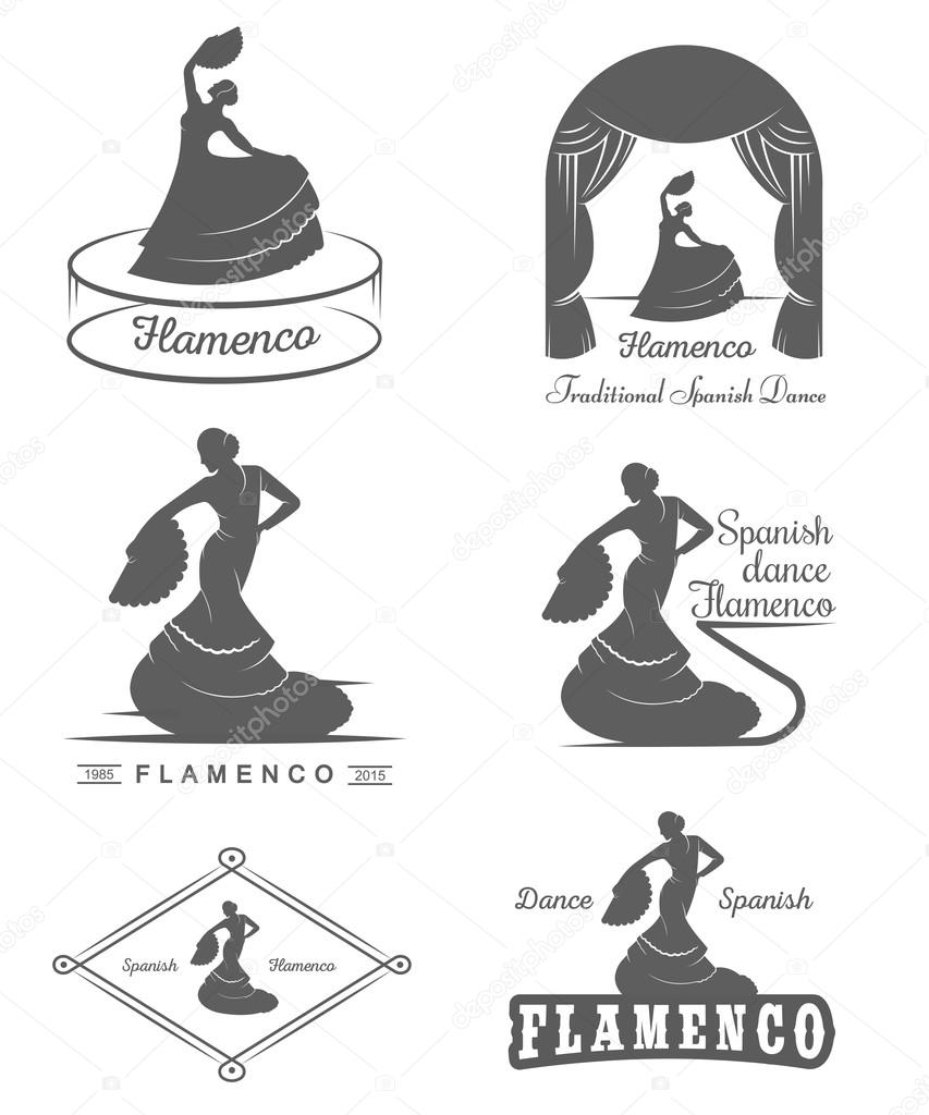 Set of vector logos, badges and silhouettes Flamenco. Collection emblems of traditional Spanish dance, signs school, clubs, shops and studios flamenco isolated on a white background