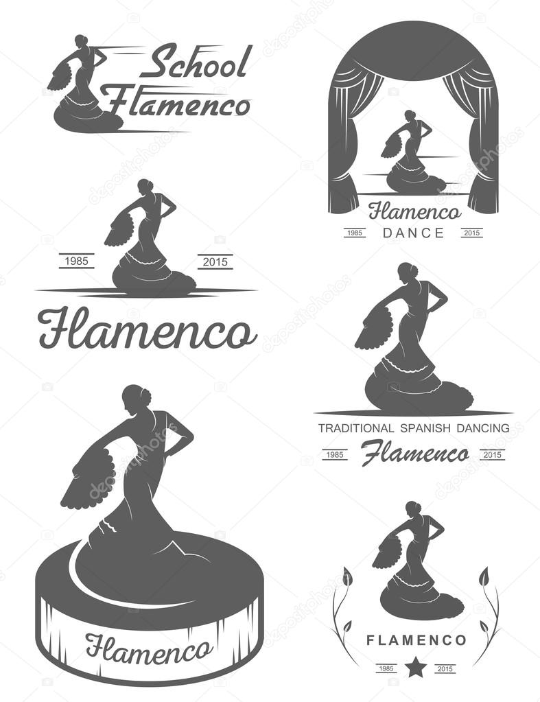 Set of vector logos, badges and silhouettes Flamenco. Collection emblems of traditional Spanish dance, signs school, clubs, shops and studios flamenco isolated on a white background
