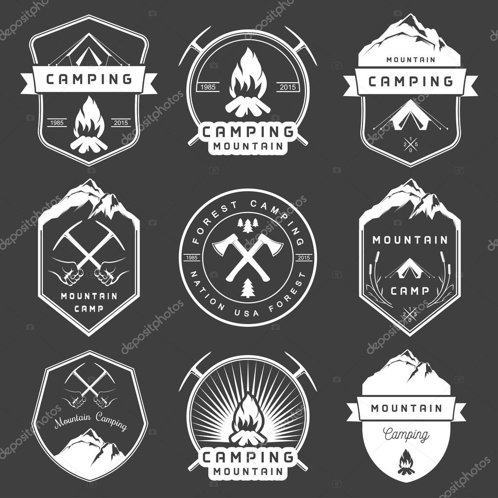 Set of vector logos and badges camping, hiking and outdoor activities. Collection of vintage emblems and symbols of woods camp, travel and mountain camping