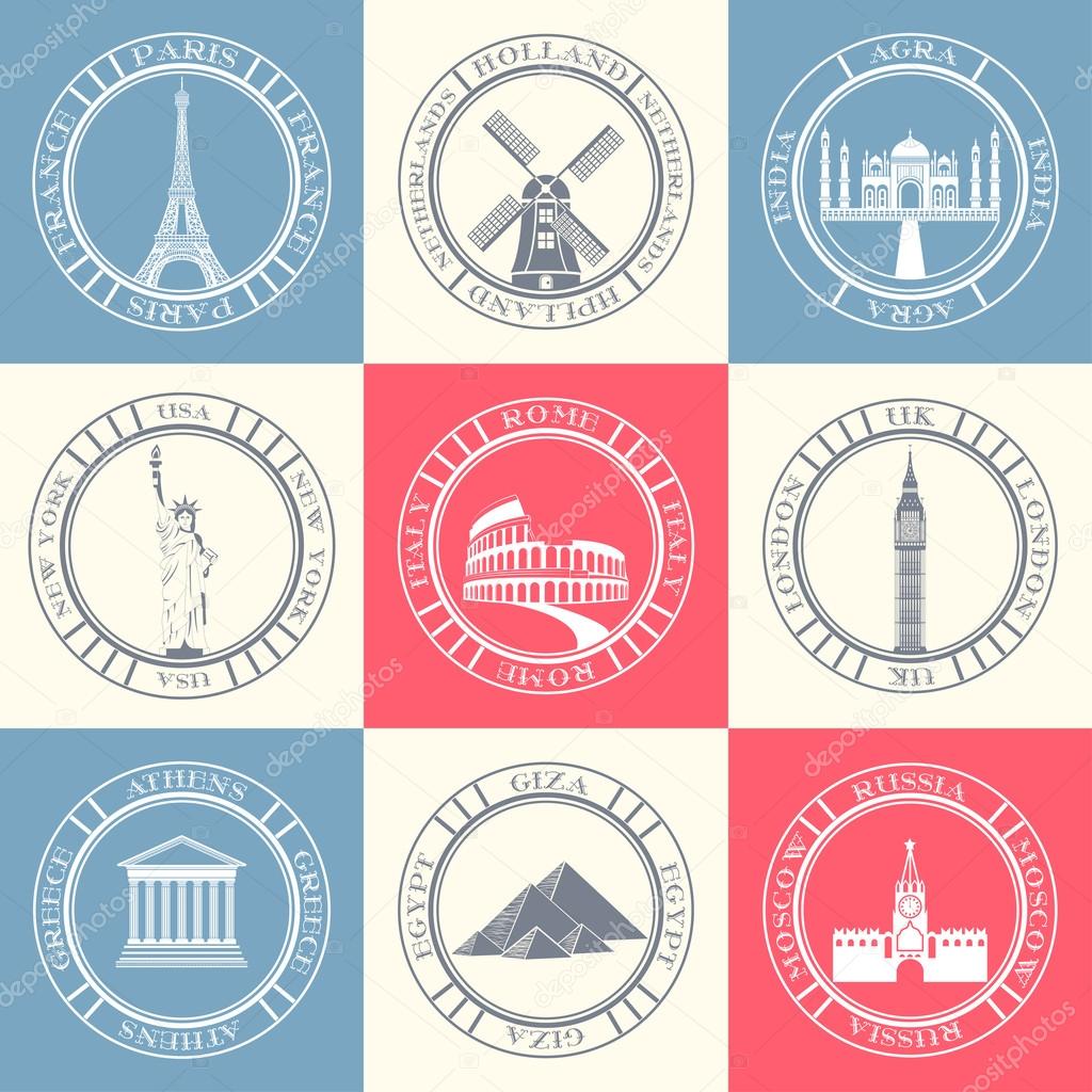 Vector set logos and badges of travel. Collection of symbols and signs of travel, countries and cities.