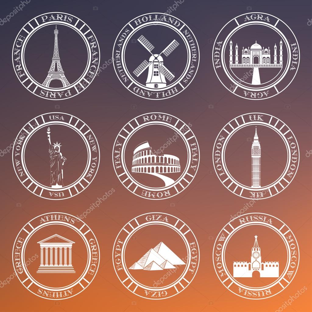 Vector set logos and badges of travel. Collection of symbols and signs of travel, countries and cities.