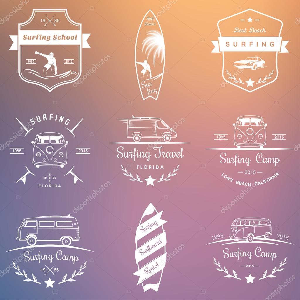 Set of vector logos and badges surfing, camping, hiking and outdoor activities. Collection of symbols and emblems surf clubs, surf schools, rental, camping and beaches