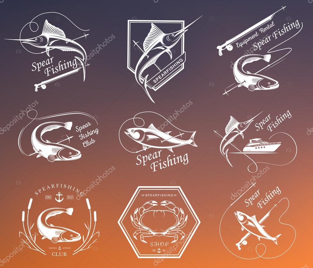 Big set of logos, badges, stickers and prints spearfishing. Premium vector label for spearfishing and underwater swimming - Stock Vector