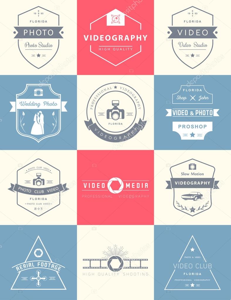 Vector collection of photography and videography logo templates. Photocam, wedding and aerial footage logotypes. Photography vintage badges and icons. Modern mass media icons. Photo labels.