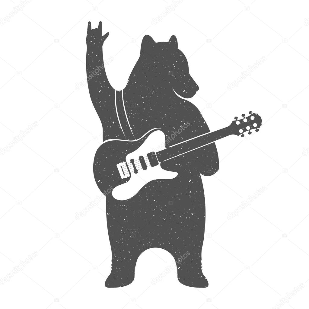 Vintage Illustration of Funny Bear with Guitar