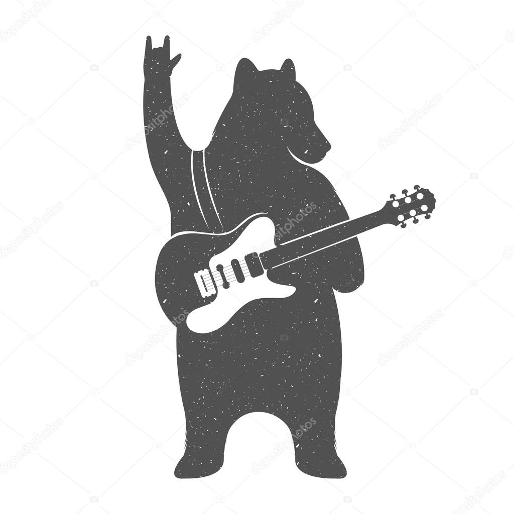 Vintage Illustration bear with guitar - Grunge effect. Funny Bear musician with guitar isolated on white background for posters, T-shirts music clubs and Web music services.
