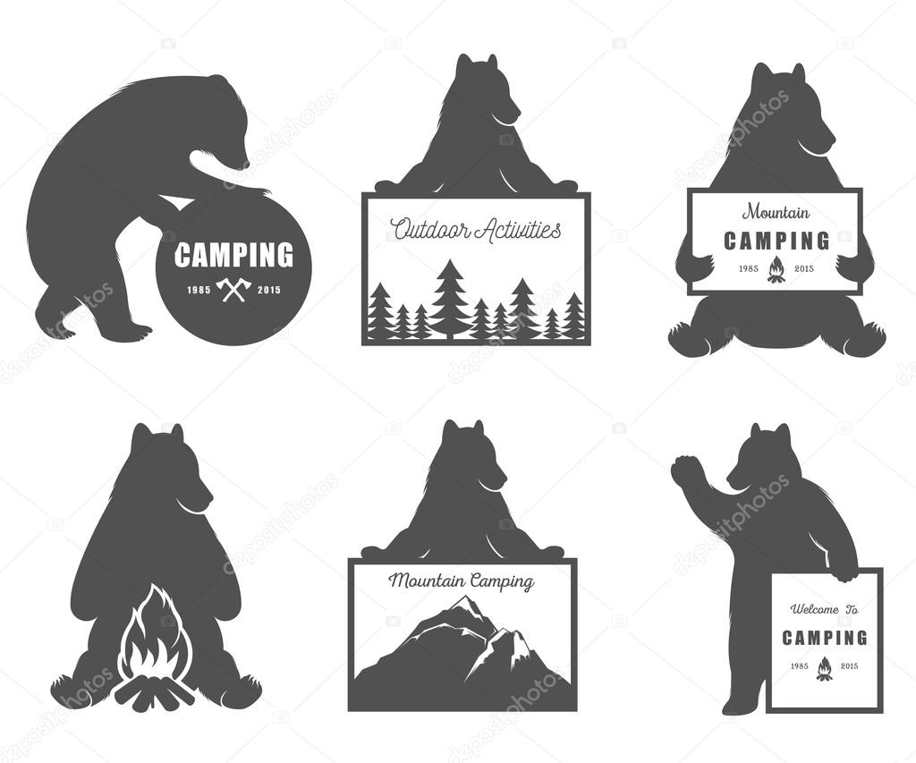 Vintage Illustration bear with sign camping and Outdoor activities. Funny Bear with symbol camp and trip isolated on white background for posters, camp clubs and Web emblems