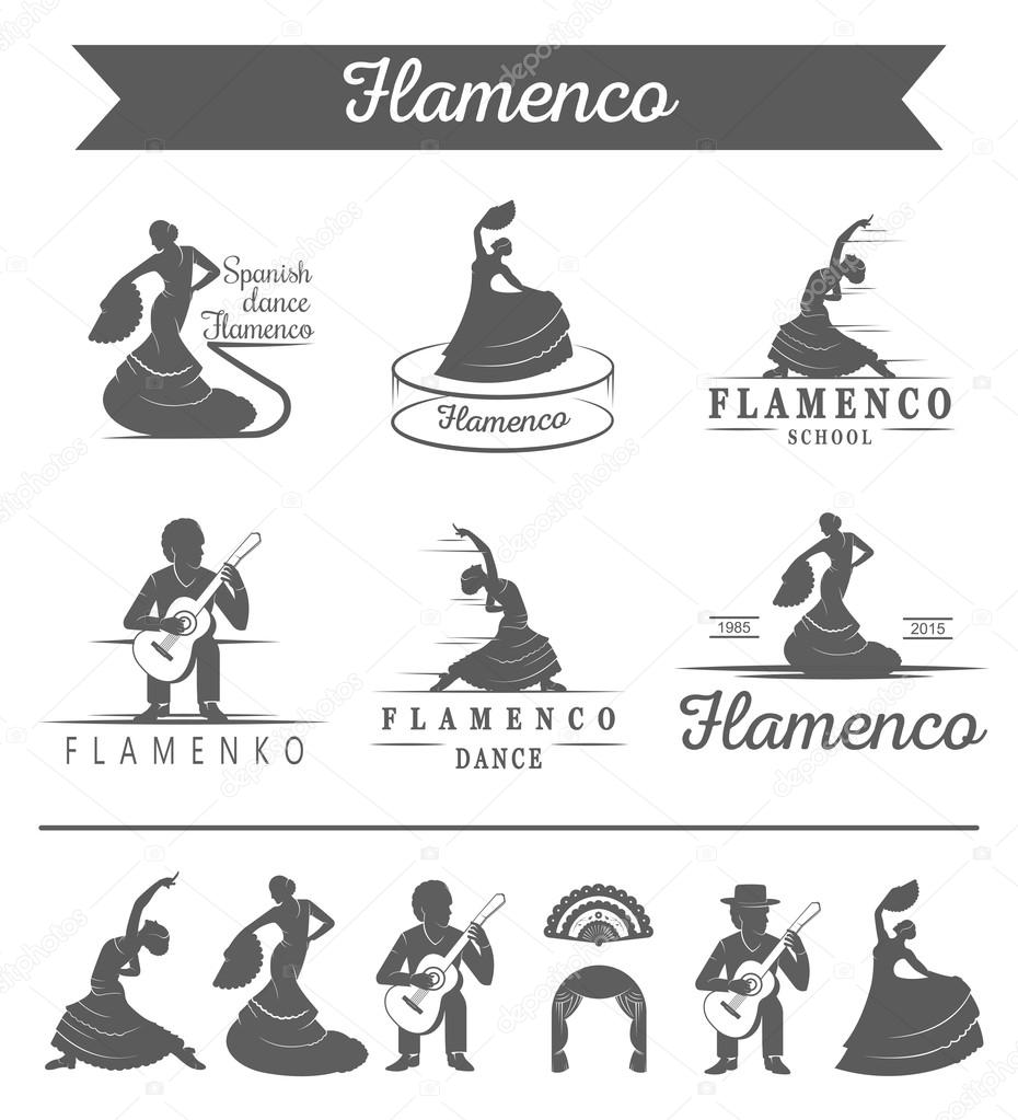 Set of vector logos, badges and silhouettes Flamenco. Collection emblems of traditional Spanish dance, signs school, clubs, shops and studios flamenco isolated on a white background