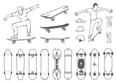 Set of Skateboards, Equipment, and Elements of Street Style clipart